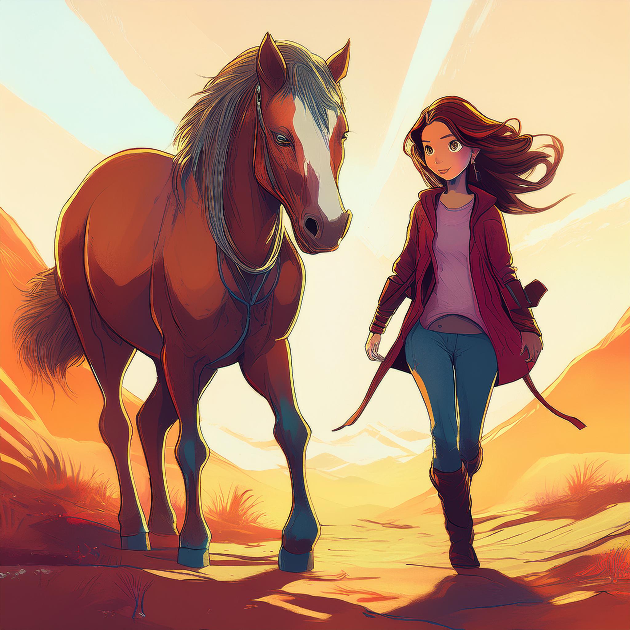 AI-generated illustration of woman walking with horse