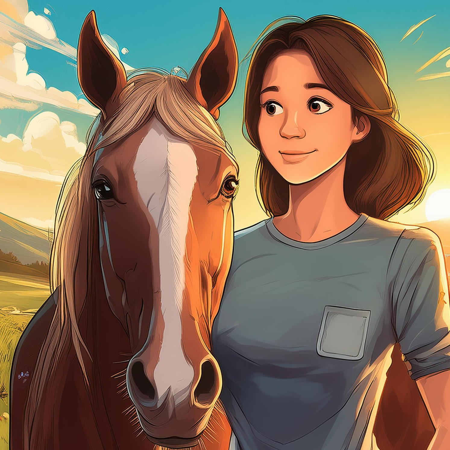 Woman and horse standing together at sunset