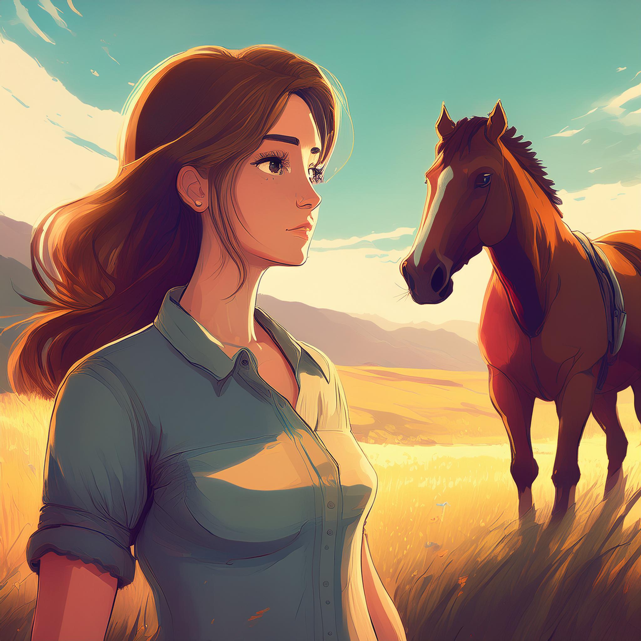 AI generated illustration of woman and horse facing each other in a prairie